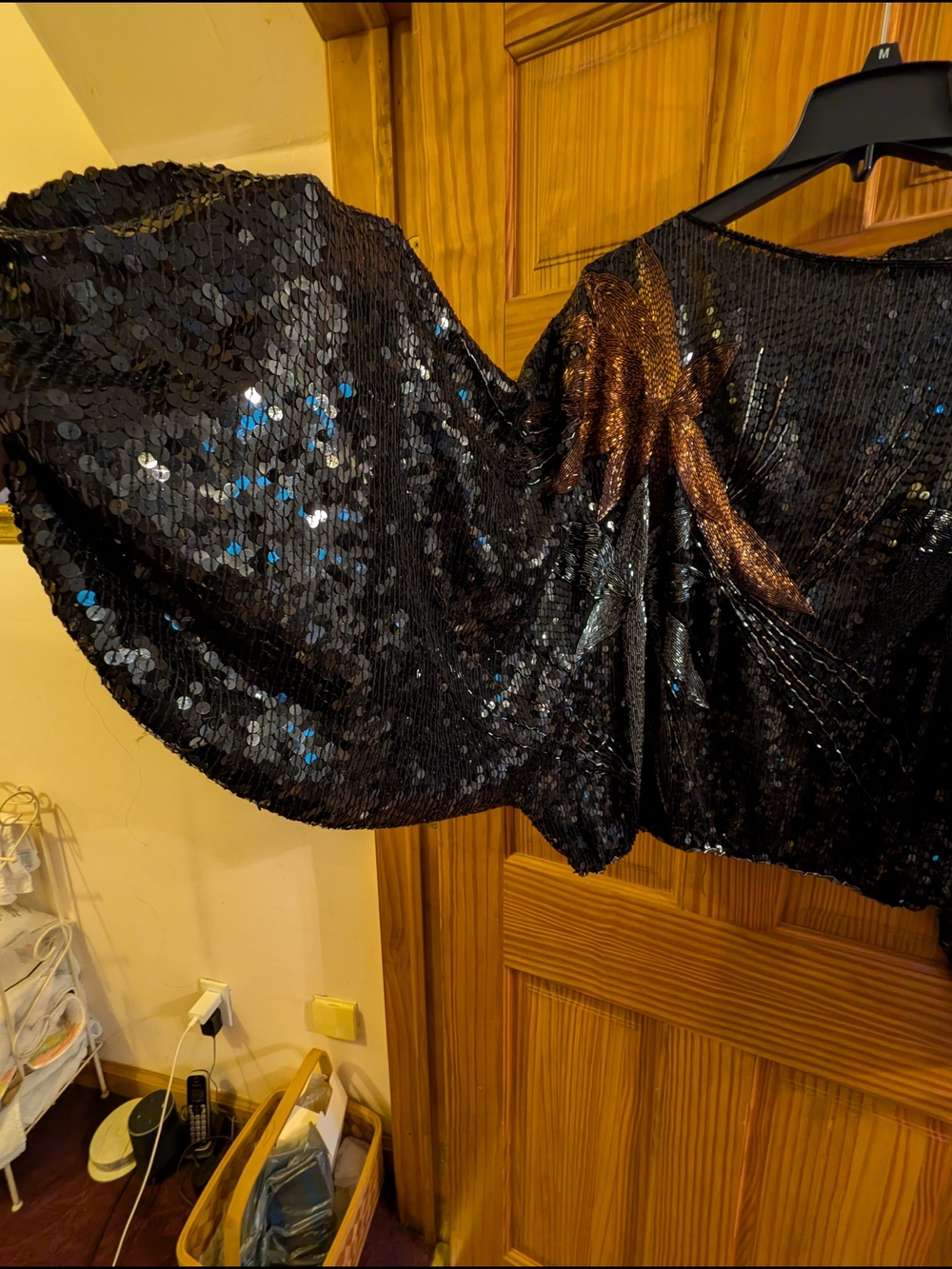 Black Sequin Long-Sleeve Party Top with Metallic Bow Accent - Picture 2 of 8